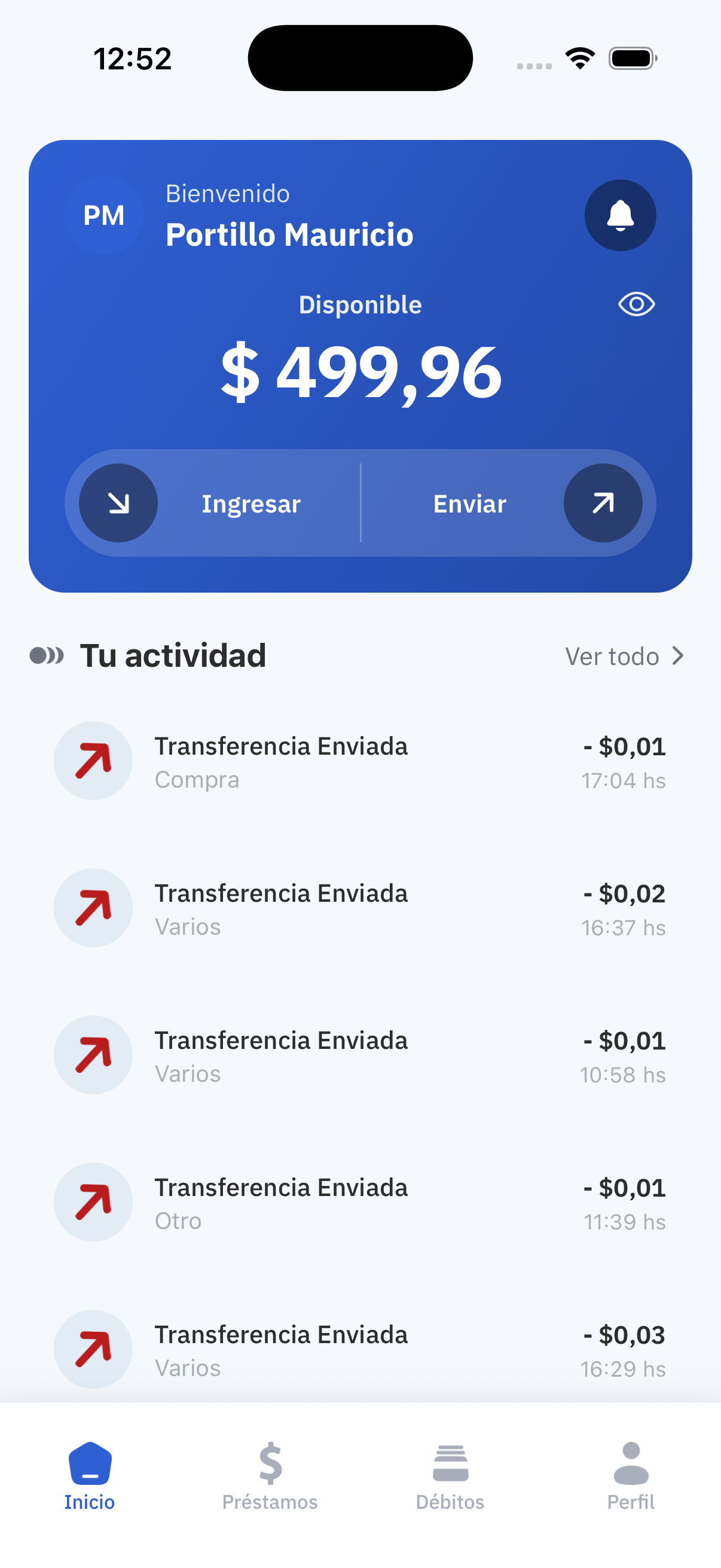 Inicio de la app Interpays con saldo disponible y actividad