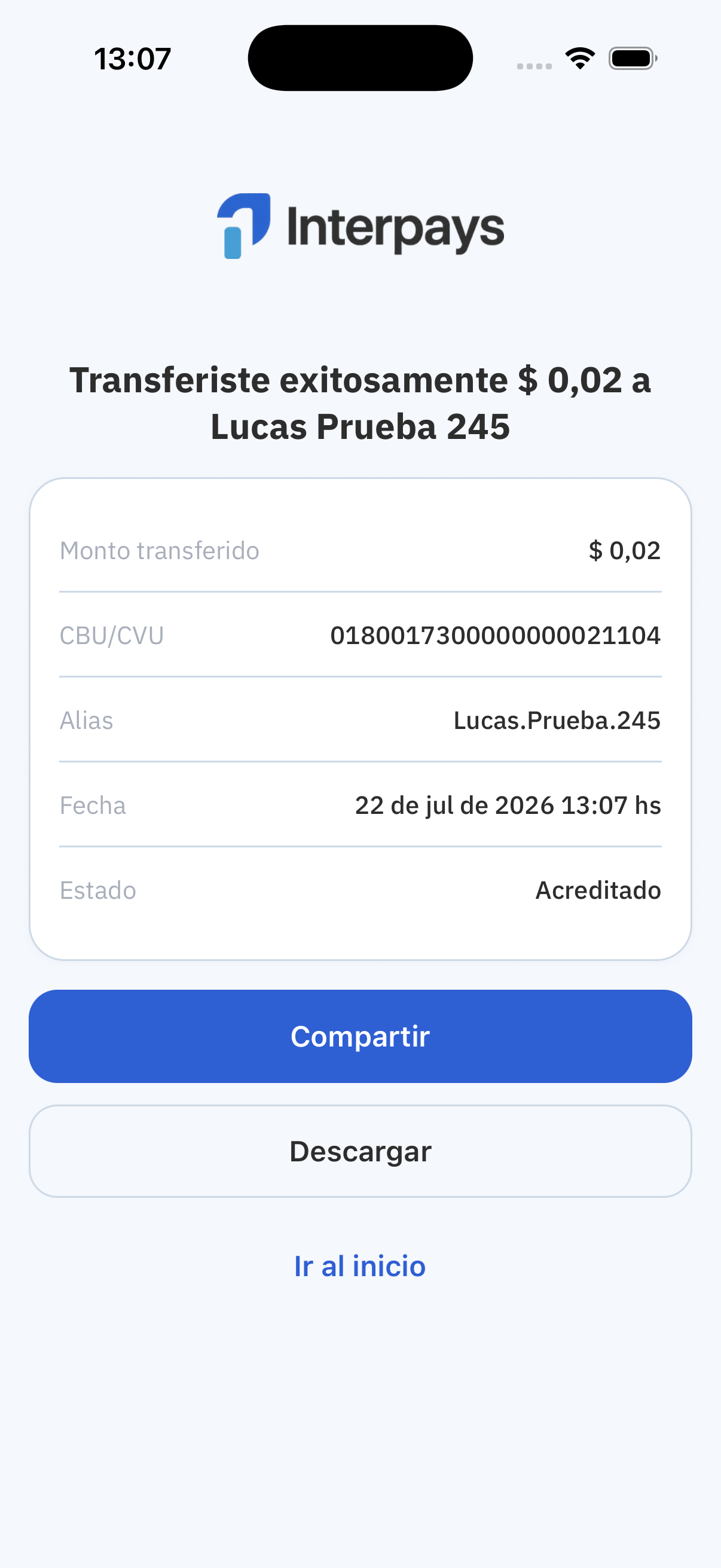 Comprobante de transferencia acreditada en la app Interpays